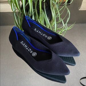 Rothy's Pointed Knit Flats in Black with Blue Trim
